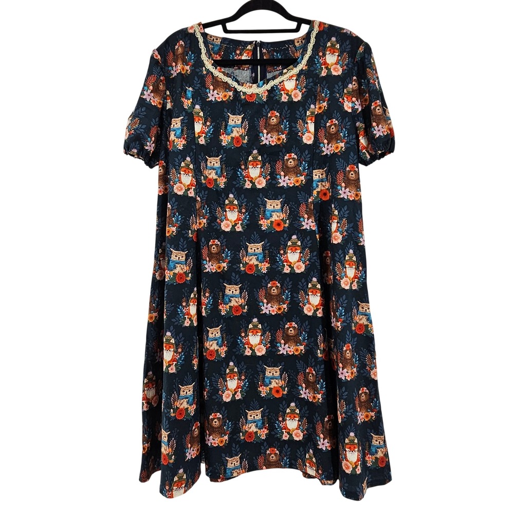 Whimsy Woodland Animal Dress Handmade Navy Fox Bear Owl Lace Medium Storybook